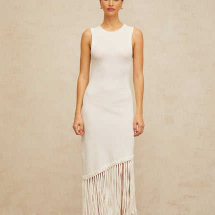Monica Maxi Dress Fringed Knit White Sleeveless Fitted Silhouette