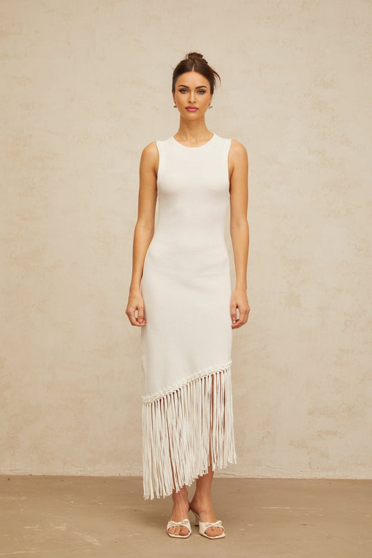 Monica Maxi Dress Fringed Knit White Sleeveless Fitted Silhouette