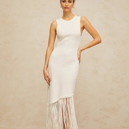 Monica Maxi Dress Fringed Knit White Sleeveless Elegant Fitted Ankle-Length
