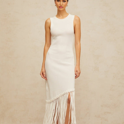 Monica Maxi Dress Fringed Knit White Sleeveless Elegant