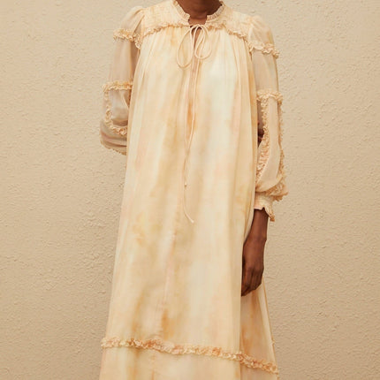 Monica Midi Dress in Neutrals Multicolor Tie-Dye Ruffle Trim Smocked Panel Dolman Sleeves Self-Tie Detail Shirred Effect Almond Beige Chic Midi Length
