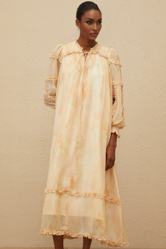 Monica Midi Dress in Neutrals Multicolor Tie-Dye Ruffle Trim Smocked Panel Dolman Sleeves Self-Tie Detail Shirred Effect Almond Beige Chic Midi Length