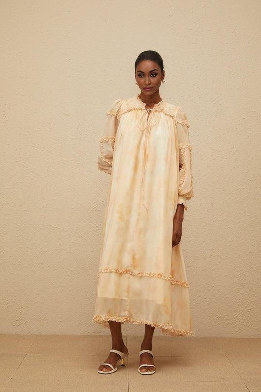 Monica Midi Dress in Neutrals Multicolor Tie-Dye Ruffle Trim Smocked Panel Dolman Sleeves Self-Tie Detail Shirred Effect Slip-On Style Midi Length 100% Terylene Fiber