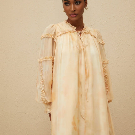 Monica Midi Dress in Neutrals Tie-Dye Print Ruffle Trim Smocked Panel Dolman Sleeves Self-Tie Detail Shirred Effect Chic Midi Length