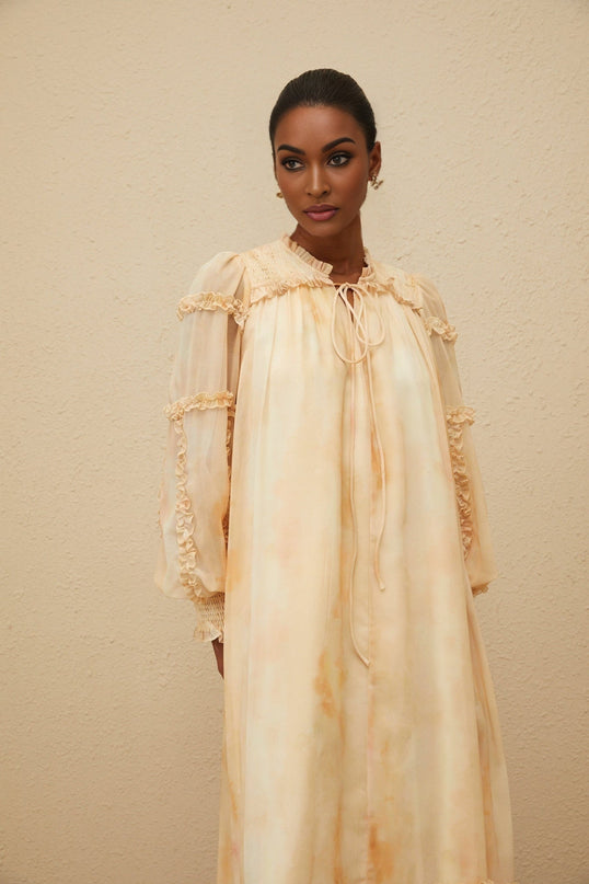 Monica Midi Dress in Neutrals Tie-Dye Print Ruffle Trim Smocked Panel Dolman Sleeves Self-Tie Detail Shirred Effect Chic Midi Length