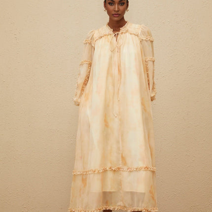 Monica Midi Dress in Neutrals Tie-Dye Print Smocked Panel Ruffle Trim Dolman Sleeves