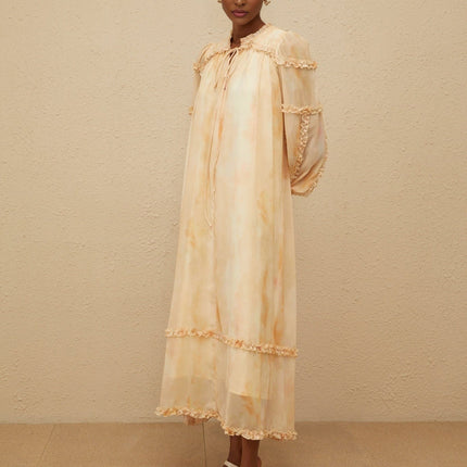 Monica Midi Dress in Neutrals Tie-Dye Ruffle Trim Smocked Panel Almond Beige Dolman Sleeves Self-Tie Detail Shirred Effect Contemporary Woman Slip-On Style Midi Length Terylene Fiber