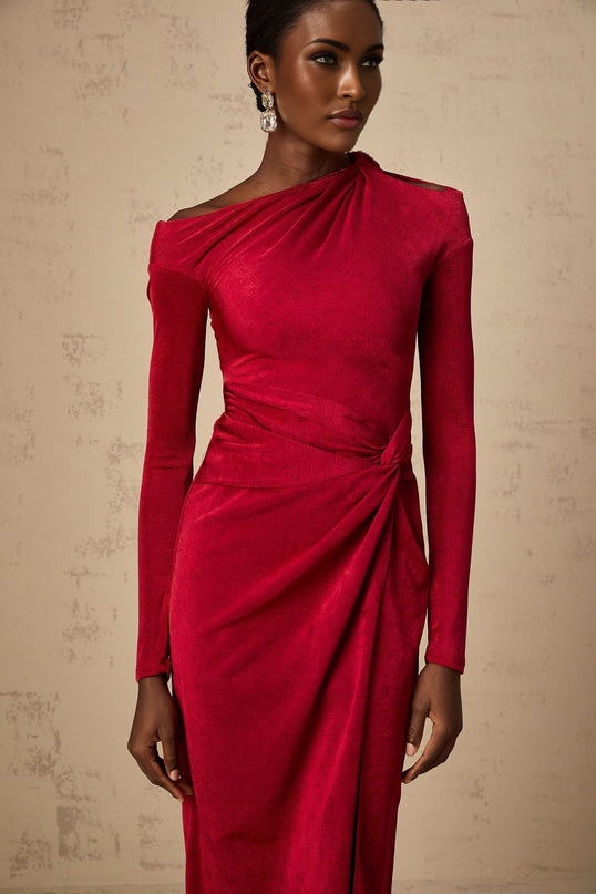 Monica red midi dress with high slit and gathered fabric detail