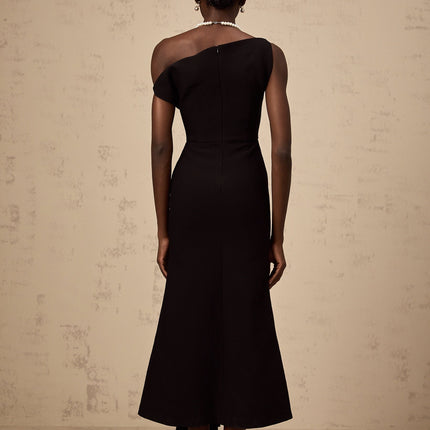 Morgan Black Asymmetric Pleated Midi Dress in Terylene and Spandex