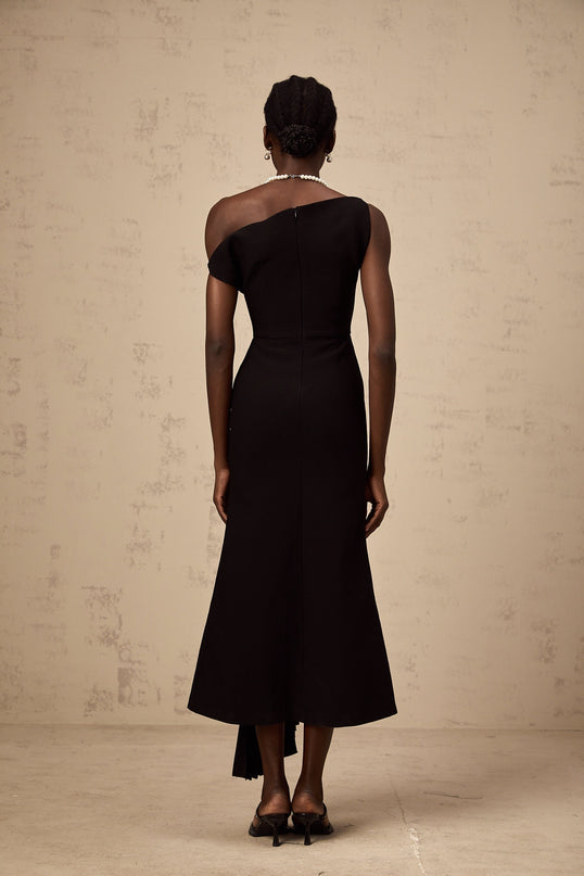 Morgan Black Asymmetric Pleated Midi Dress in Terylene and Spandex