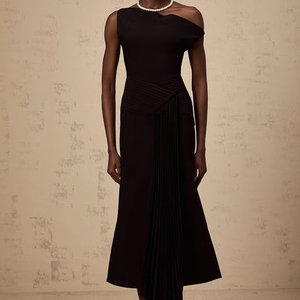 Morgan Black Asymmetric Pleated Midi Dress in Terylene and Spandex