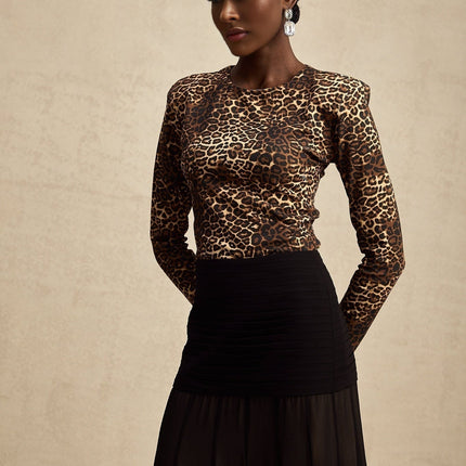 Morgan Brown Leopard Print Bodysuit in Luxurious Stretch Jersey with Long Sleeves and Rear Zip Fastening
