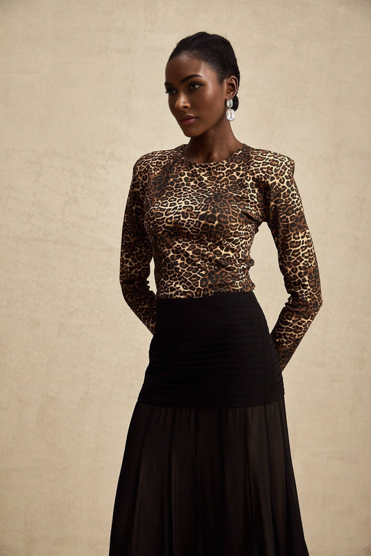 Morgan Brown Leopard Print Bodysuit in Luxurious Stretch Jersey with Long Sleeves and Rear Zip Fastening