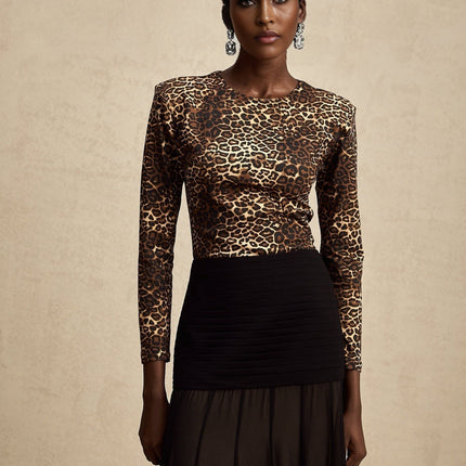 Morgan Brown Leopard Print Bodysuit in Stretch Jersey with Long Sleeves and Round Neck