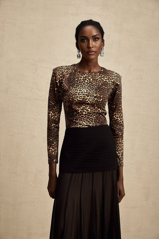 Morgan Brown Leopard Print Bodysuit in Stretch Jersey with Long Sleeves and Round Neck