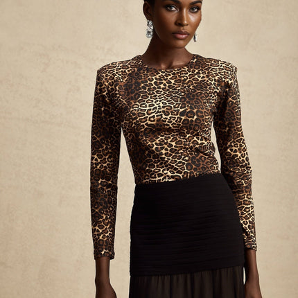 Morgan Brown Leopard Print Bodysuit with Thumb Slots and Rear Zip Fastening
