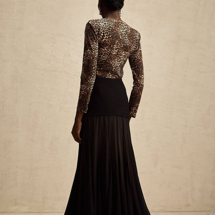 Morgan Brown Leopard Print Bodysuit in Luxurious Stretch Jersey with Long Sleeves and Rear Zip Fastening