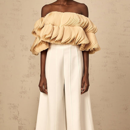 Morgan Cropped Top Off The Shoulder Shirred Panel in Neutrals