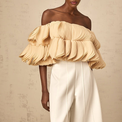 Morgan Cropped Top Off The Shoulder Shirred Panel in Neutrals