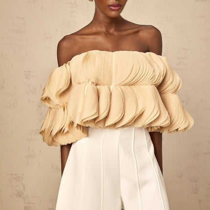 Morgan Cropped Top Off The Shoulder Shirred Panel in Neutrals
