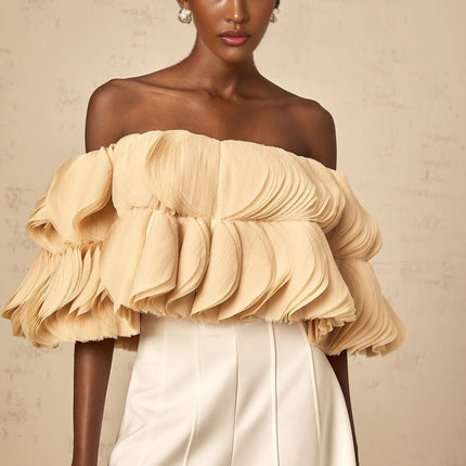 Morgan Cropped Top Off The Shoulder Shirred Panel in Neutrals