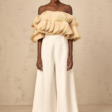 Morgan Cropped Top Off The Shoulder Shirred Panel in Neutrals