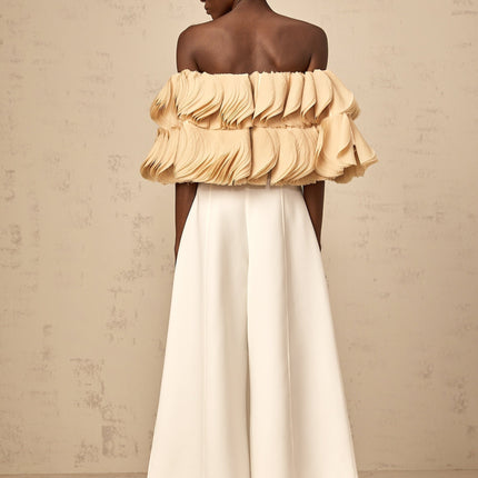 Morgan Cropped Top Off The Shoulder Shirred Panel in Neutrals