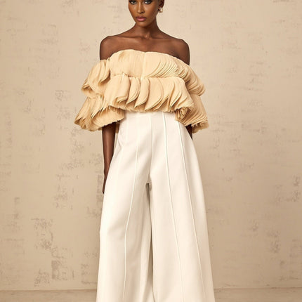 Morgan Cropped Top Off The Shoulder Shirred Panel in Neutrals