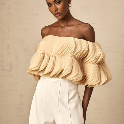 Morgan Cropped Top Off The Shoulder Shirred Panel in Neutrals