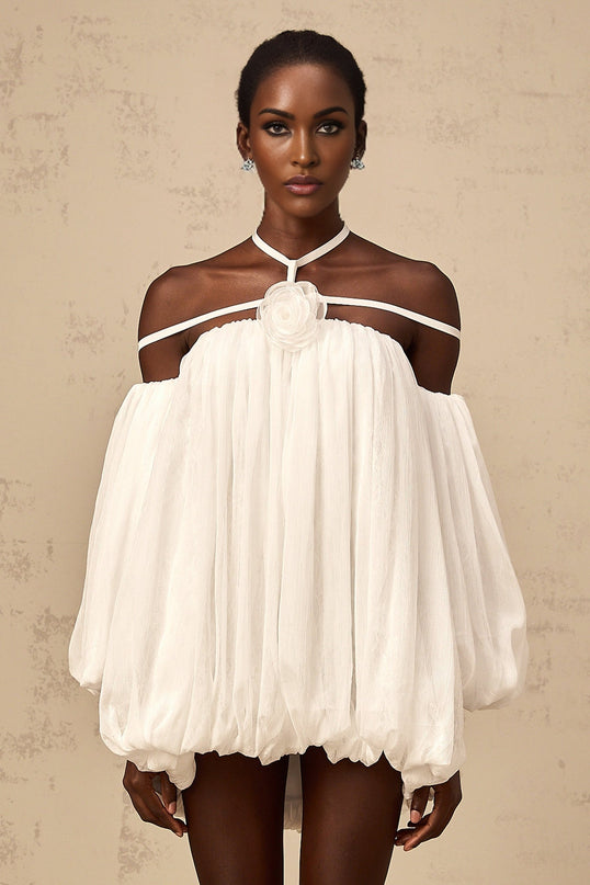 Morgan Mini Dress Pleated Tulle Floral Applique in White