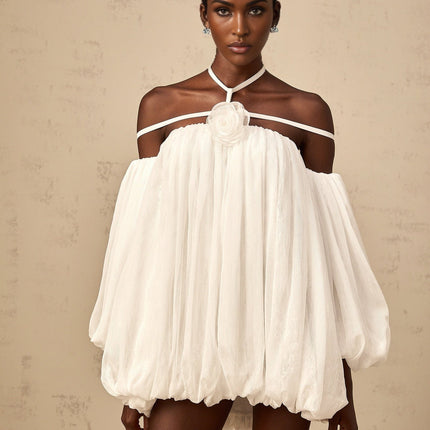 Morgan White Mini Dress Pleated Tulle Floral Applique