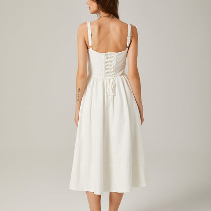 Morgan White Bustier Corset Midi Dress with Pleat Accents and Side Slit