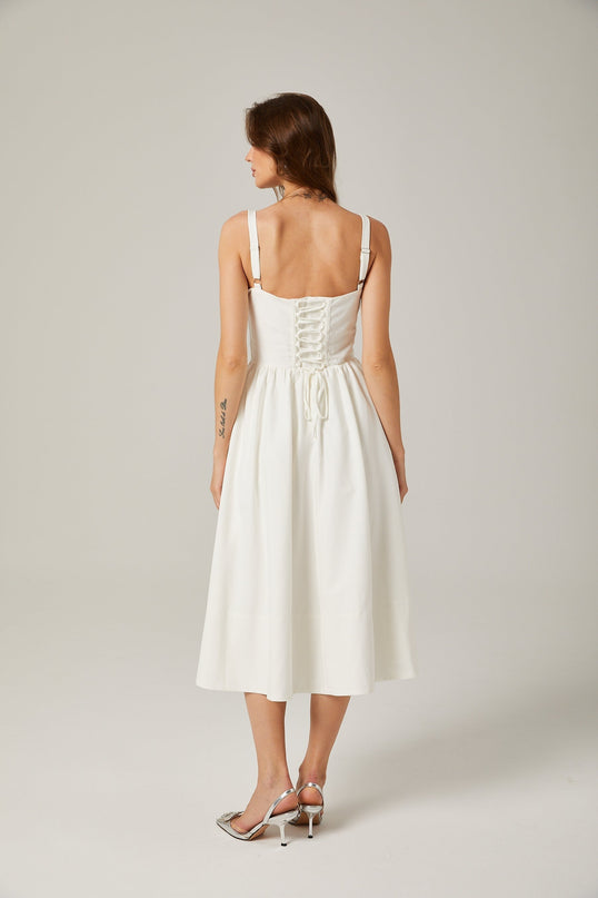 Morgan White Bustier Corset Midi Dress with Pleat Accents and Side Slit