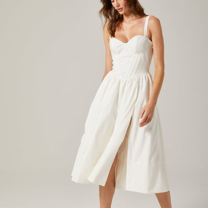 Morgan White Bustier Corset Midi Dress with Side Slit and Pleat Accents
