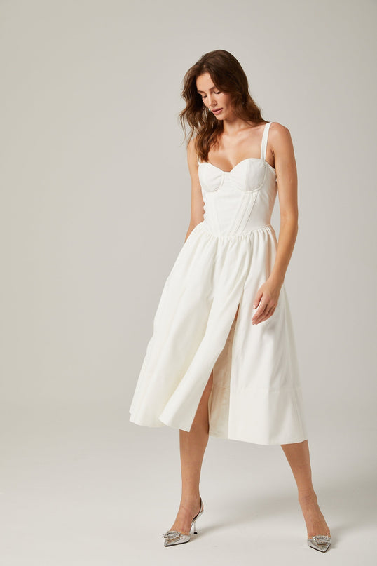 Morgan White Bustier Corset Midi Dress with Side Slit and Pleat Accents