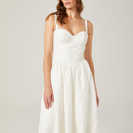Morgan White Bustier Corset Midi Dress with Pleat Accents and Side Slit