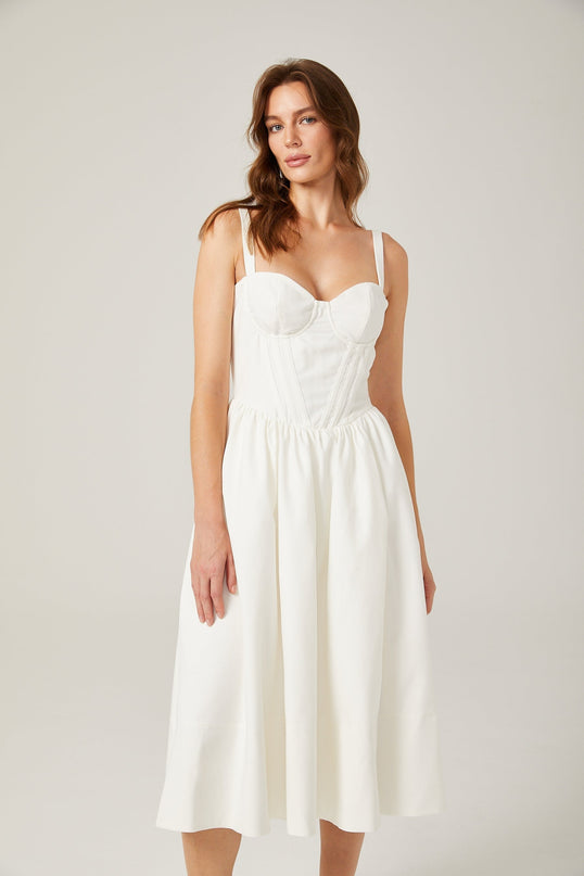 Morgan White Bustier Corset Midi Dress with Pleat Accents and Side Slit