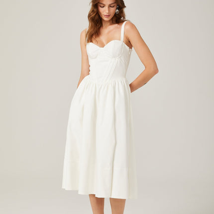 Morgan White Bustier Corset Pleat Midi Dress with Side Slit and Pockets