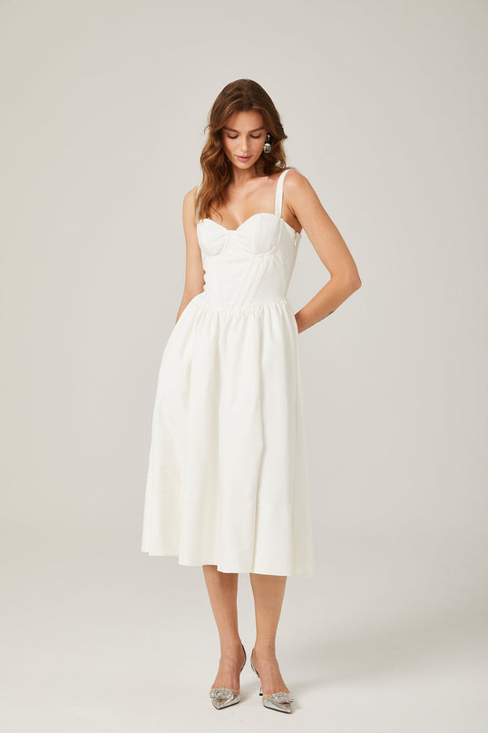 Morgan White Bustier Corset Pleat Midi Dress with Side Slit and Pockets