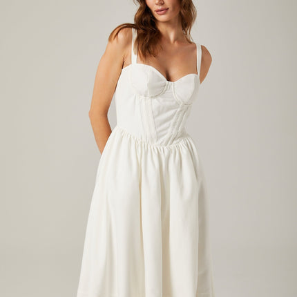Morgan White Bustier Style Corset Detail Midi Dress with Side Slit and Pleat Accents