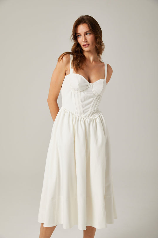 Morgan White Bustier Style Corset Detail Midi Dress with Side Slit and Pleat Accents