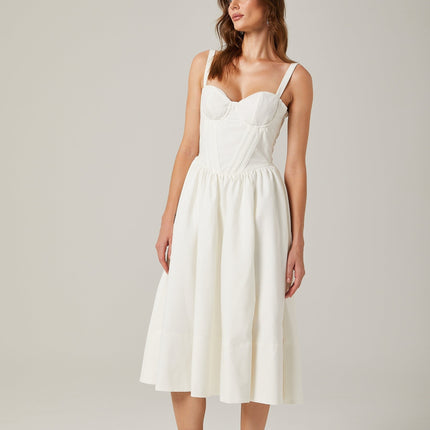 Morgan White Bustier Style Corset Midi Dress with Side Slit and Pleat Accents