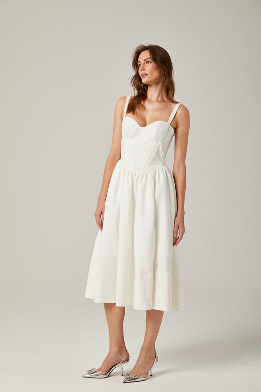 Morgan White Bustier Style Corset Midi Dress with Side Slit and Pleat Accents