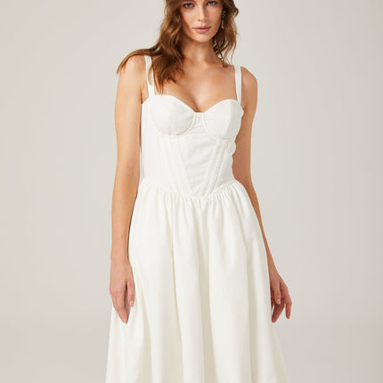 Morgan White Bustier Style Midi Dress with Corset Detailing and Pleat Accents