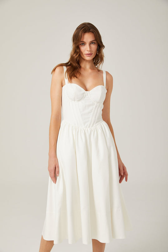 Morgan White Bustier Style Midi Dress with Corset Detailing and Pleat Accents