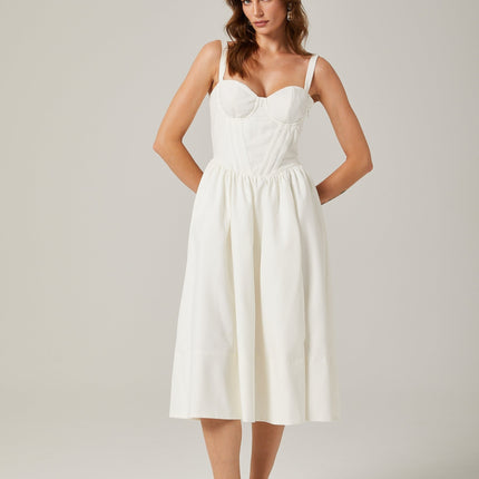 Morgan White Bustier Style Corset Detailing Pleat Accents Midi Dress