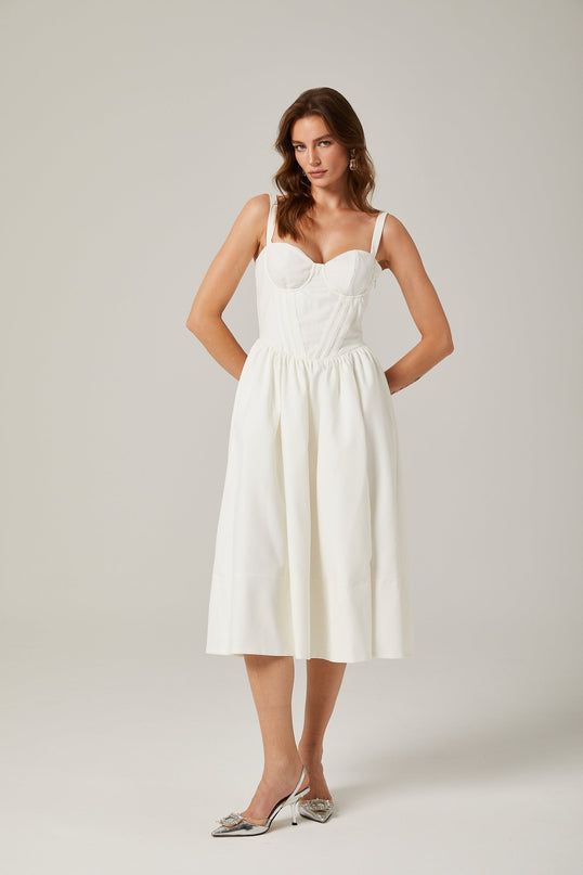 Morgan White Bustier Style Corset Detailing Pleat Accents Midi Dress