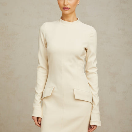 Morgan White Mini Dress with Mock Neck and Flared Cuffs