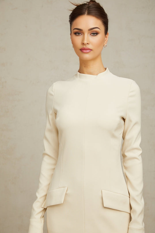Morgan White Mini Dress with Mock Neck and Flared Cuffs