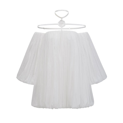 Morgan White Mini Dress Pleated Tulle Floral Applique